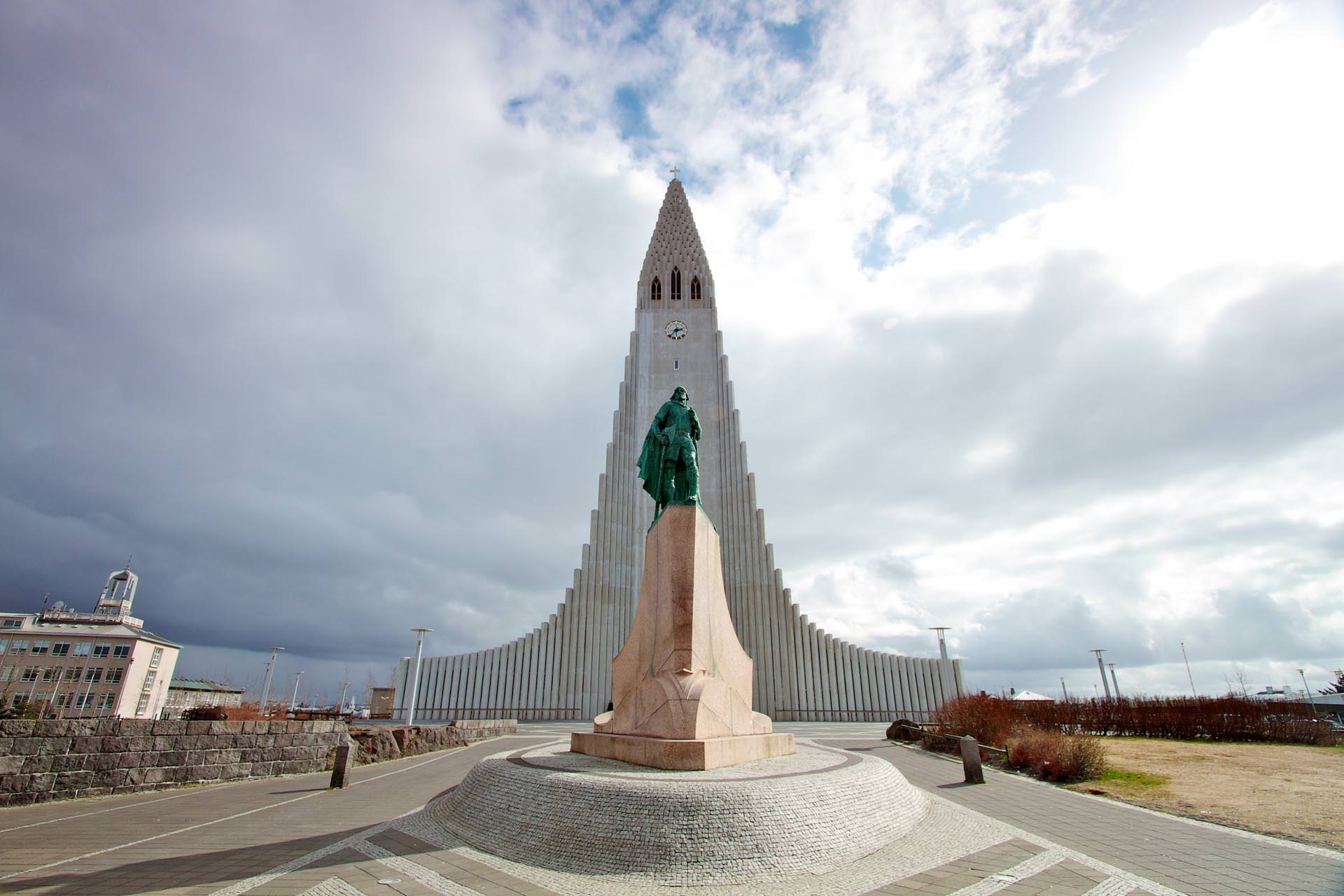 Hallgrímskirkja church rising above the colorful rooftops of Reykjavik