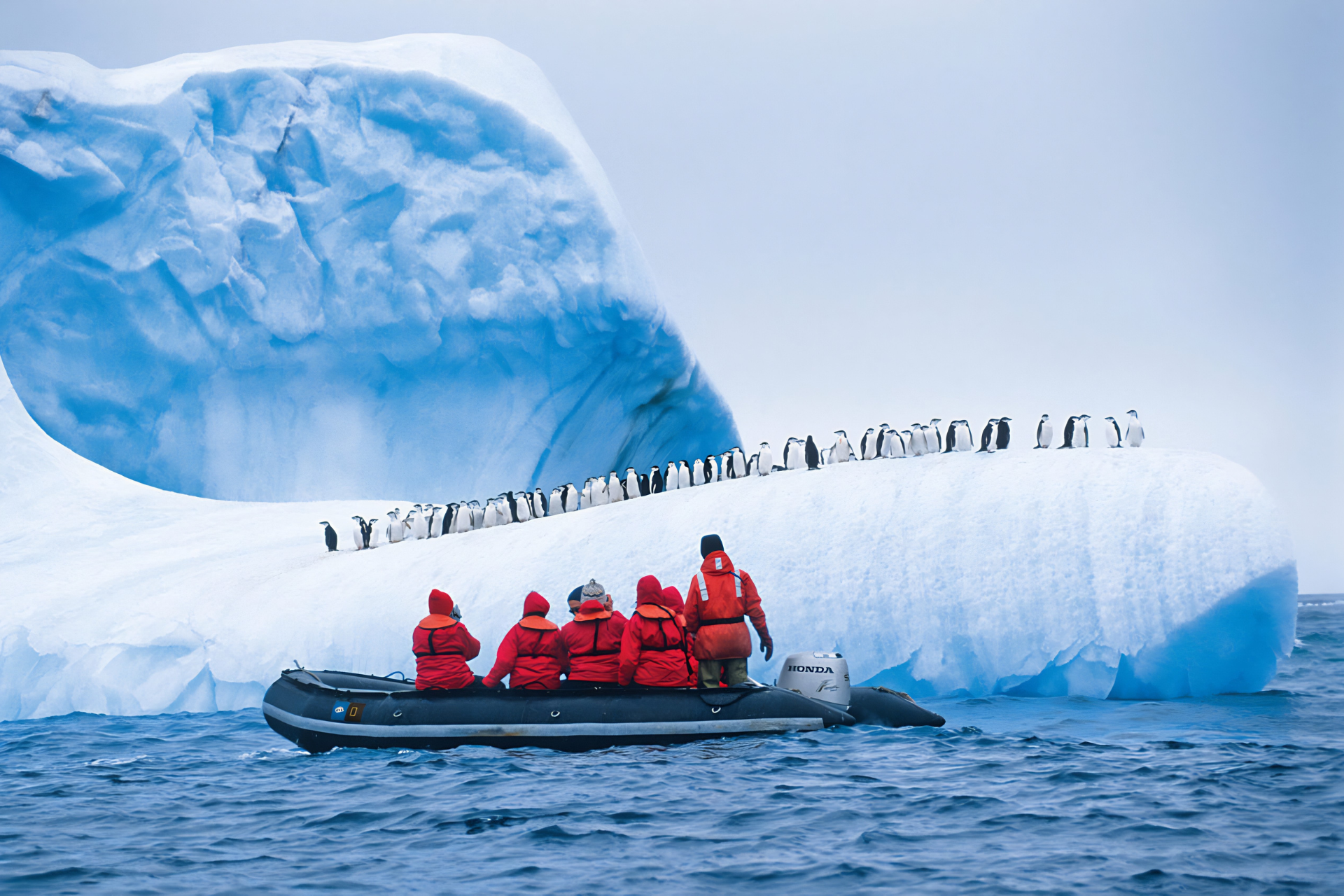Antarctica wildlife expedition with travelers in a Zodiac boat observing a line of penguins on a towering blue iceberg