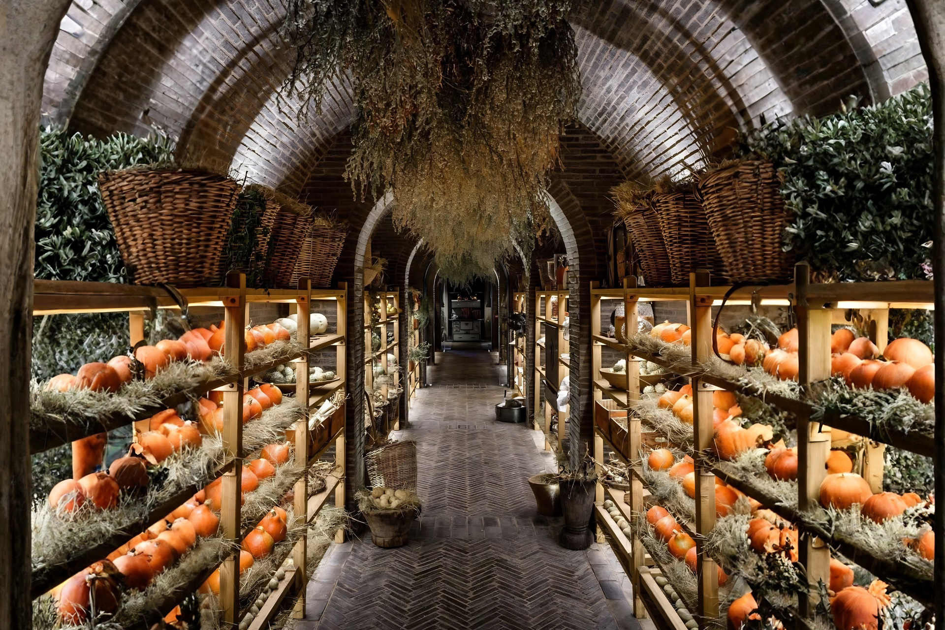 Underground restaurant with arched ceilings and fresh produce displays, showcasing luxury dining in a unique safari setting