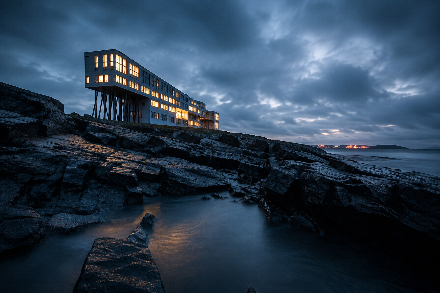 Fogo Island Inn glowing at dusk on the rugged Newfoundland coast in Canada