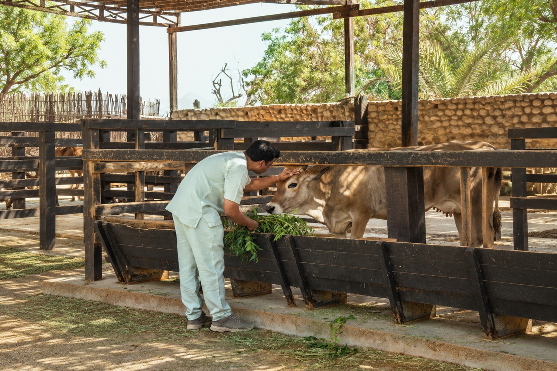 Six Senses Zighy Bay farm in Oman with a team member feeding cattle fresh greenery