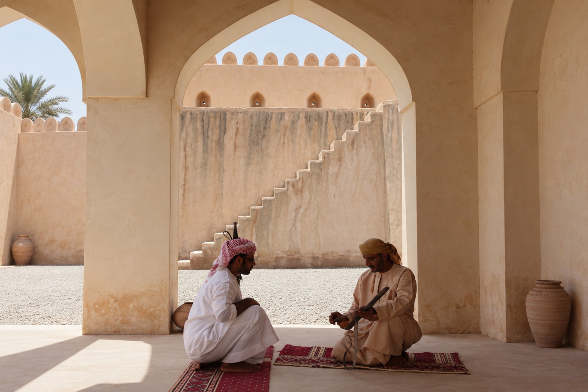 Traditional Omani artisans demonstrating local craftsmanship in a historic arched courtyard