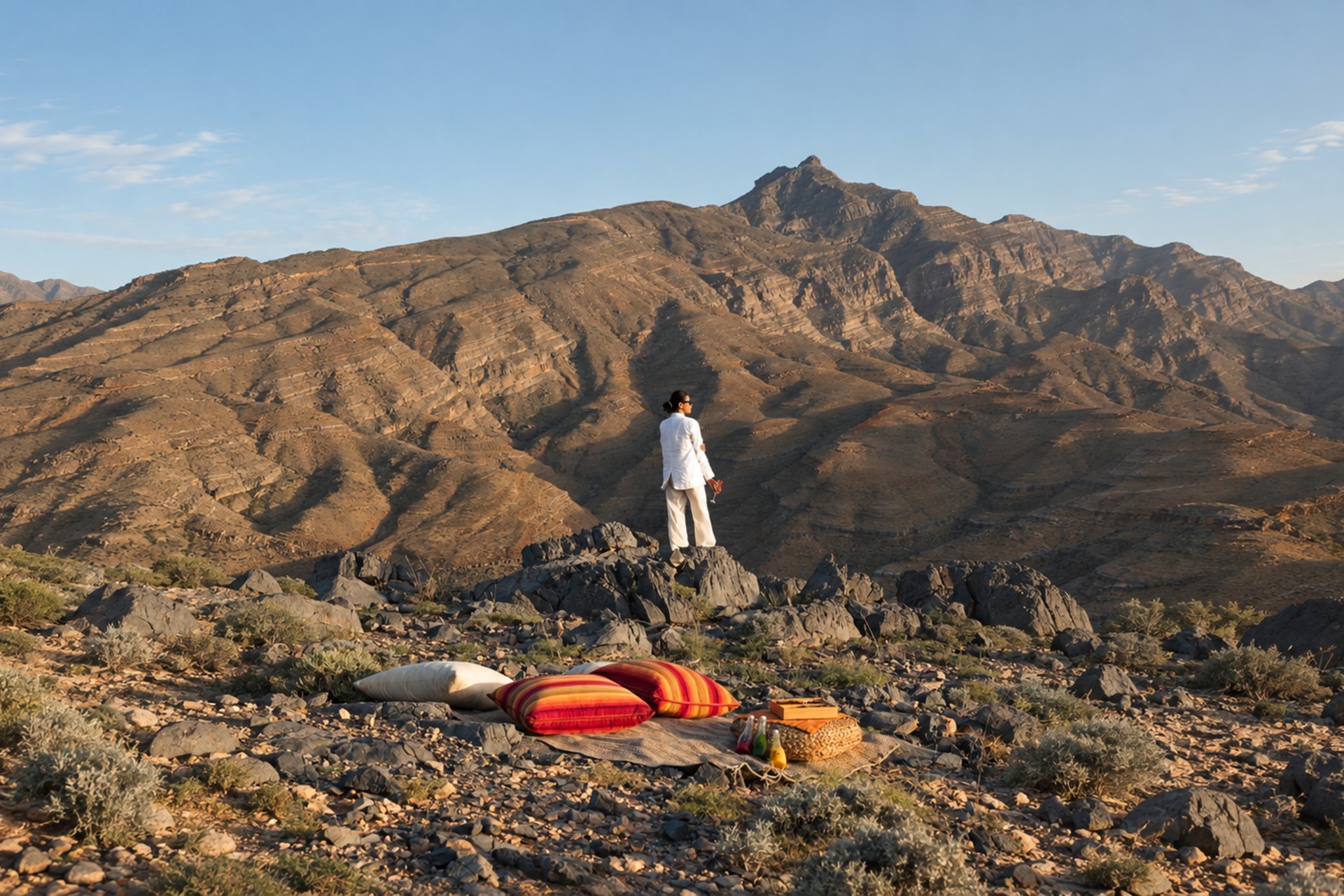 Private mountain picnic overlooking the Hajar Mountains at Six Senses Zighy Bay in Oman