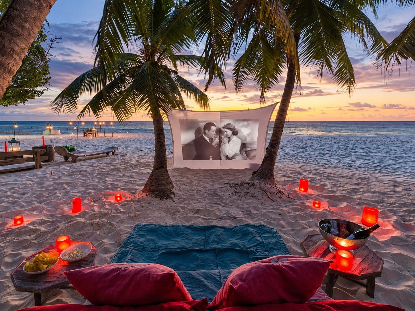 Private movie night on the beach under palm trees at sunset in the Seychelles